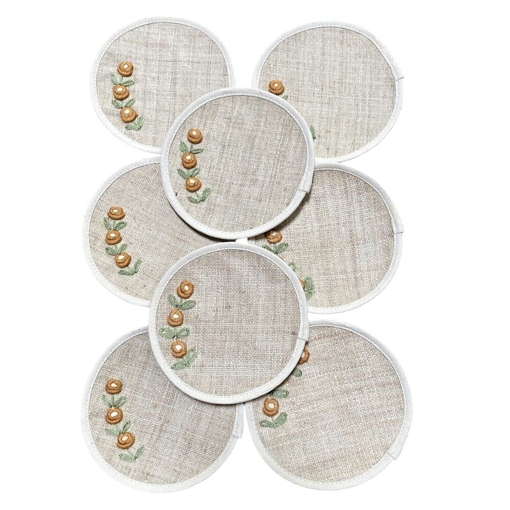 Vintage Tiki Barware Woven Coasters Set of 8 Natural Burlap & Flowers Embroidery